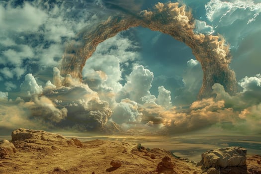 Surreal desert landscape with arching cloud formation photo