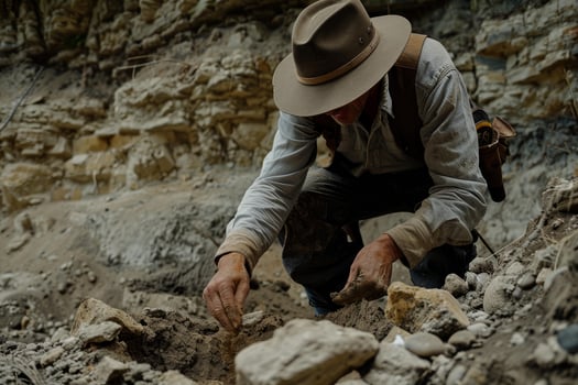 Archaeologist excavating ancient fossils at a dig site photo