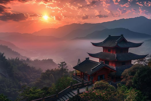 Serene sunrise over traditional pagoda photo