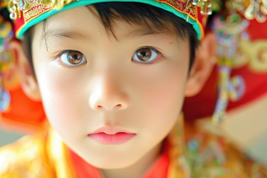 Child in traditional asian attire looking up photo