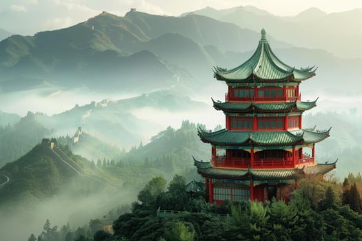 Misty mountain pagoda at sunrise photo