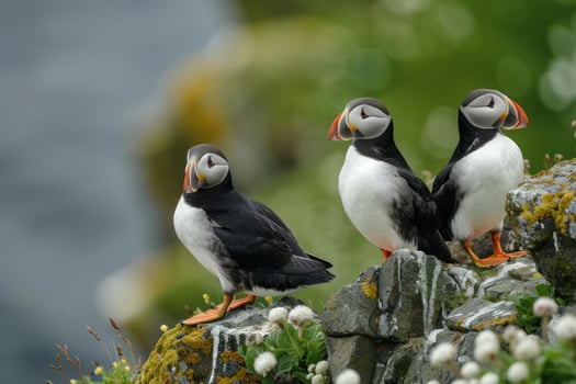 Trio of atlantic puffins on a rocky cliff photo