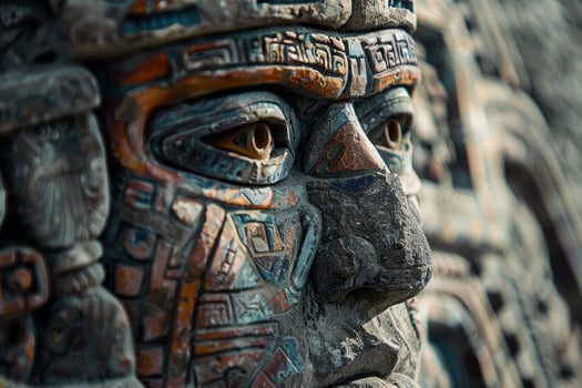 Detailed view of a traditional mayan stone sculpture with carved patterns photo