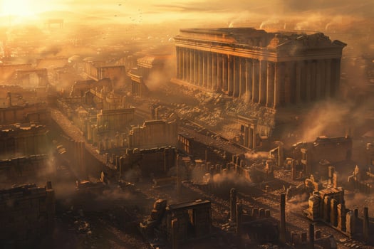 Sunset over ancient ruins mystical city landscape photo