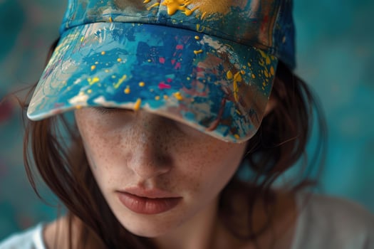 Artistic soul, close up of freckled woman wearing paint splattered cap photo
