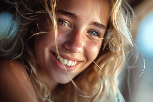 Portrait of a smiling young woman with blonde hair enjoying the summer sun photo
