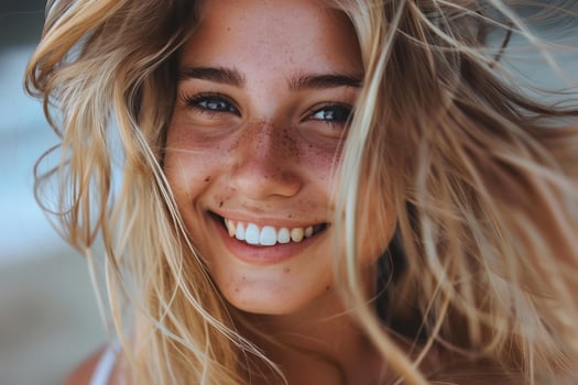 Beautiful smiling blonde woman with freckles is enjoying a windy day at the beach photo