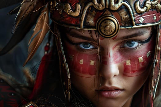 Young woman with intense blue eyes is posing in a warrior costume photo