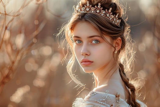 Young blonde queen posing with crown outdoors in spring during golden hour photo