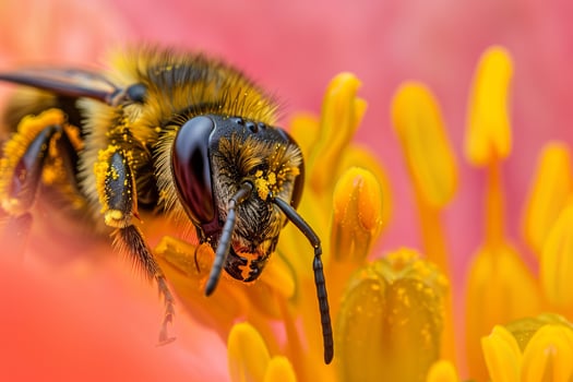 Bee covered in pollen is gathering nectar from a flower photo