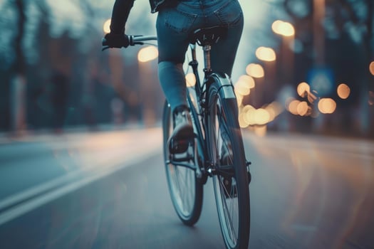 Woman is riding bicycle on the road in city at night photo