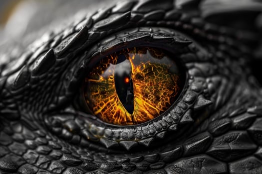 Fearsome dragon eye is glowing with intense heat and magma photo