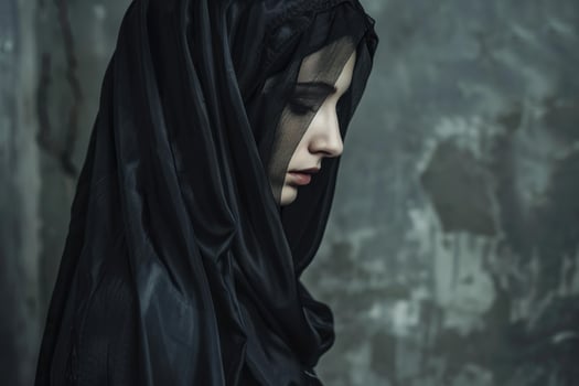 Young woman wearing black veil posing in front of grey wall photo