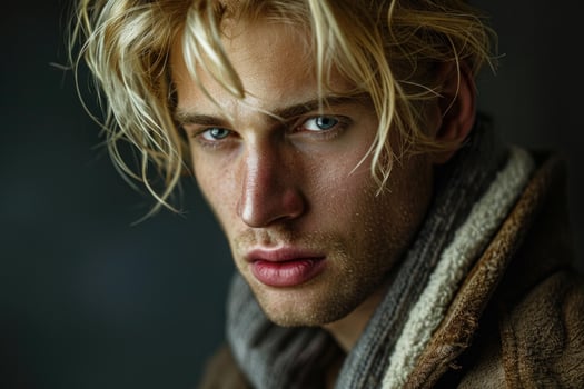 Handsome blond male model with blue eyes posing in studio photo