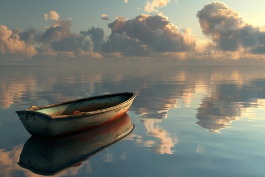 Old wooden rowing boat floating on calm water at sunset photo