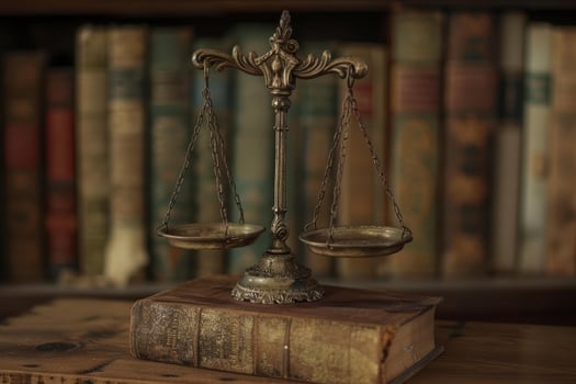 Antique scale of justice balancing on old book with law books in background photo