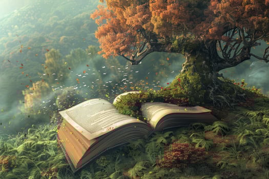 Open book embraced by nature in a mystical forest photo