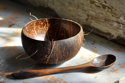 Coconut shell bowl and spoon resting on a rustic table photo