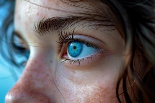 Teenage girl with freckles is gazing with bright blue eyes photo