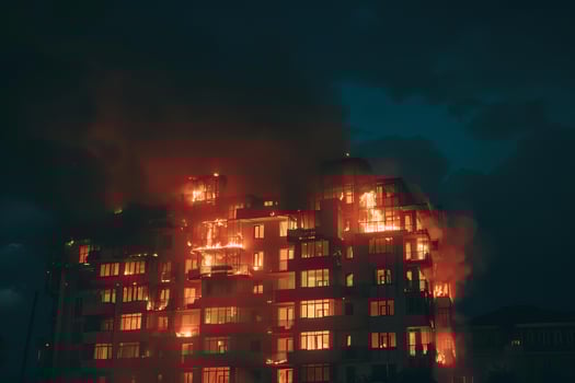 Burning apartment building engulfed in flames at night photo