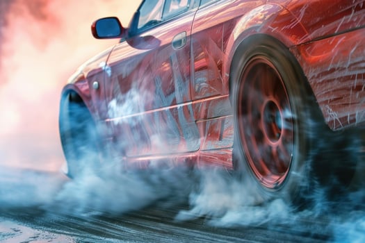 Red sports car drifting and burning rubber on track photo