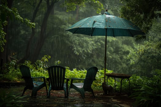 Green umbrella protecting empty chairs from rain in lush garden photo