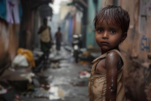 Young boy standing in a poverty stricken street in india photo