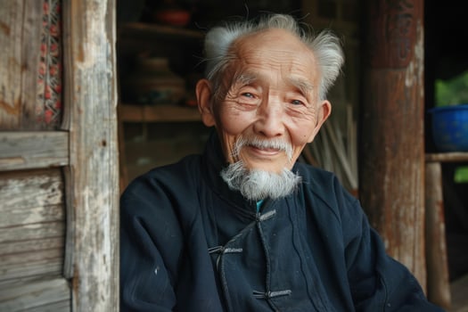 Old chinese farmer smiling in traditional house photo