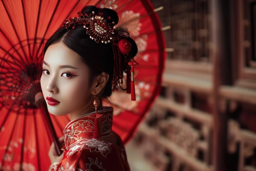 Beautiful chinese woman posing with red parasol in traditional dress photo