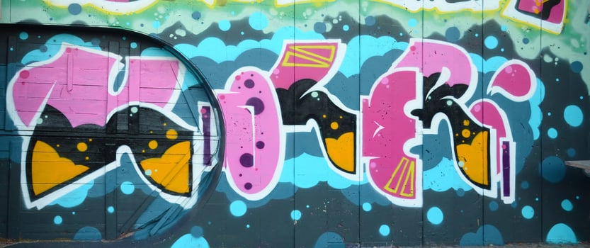 Colorful background of graffiti painting artwork with bright aerosol outlines on wall. Old school street art piece made with aerosol spray paint cans. Contemporary youth culture photo