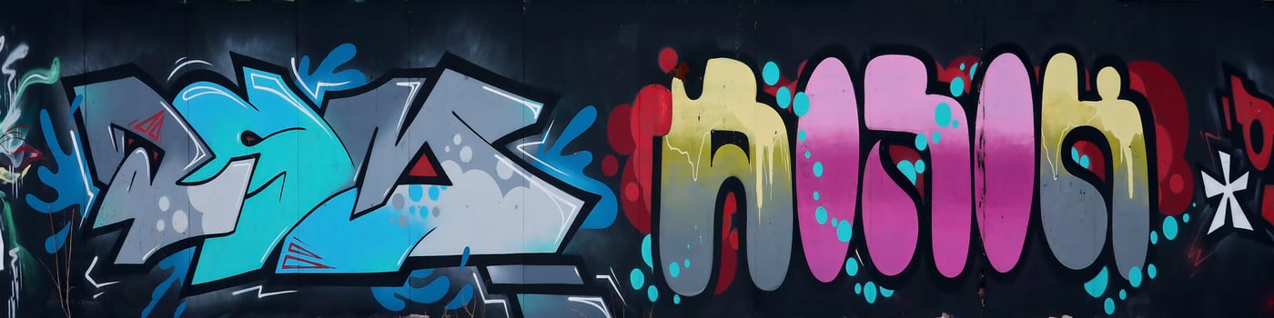 Colorful background of graffiti painting artwork with bright aerosol outlines on wall. Old school street art piece made with aerosol spray paint cans. Contemporary youth culture photo