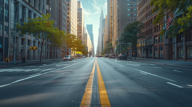 Asphalt road and modern city skyline at sunset, an empty city financial street photo