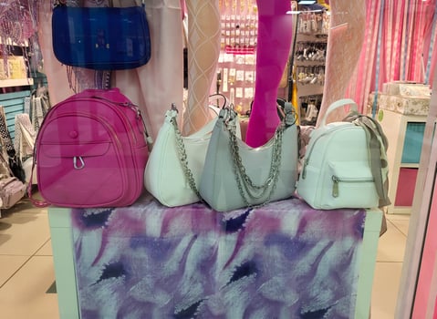 Backpack and women's bags in the shop window. photo
