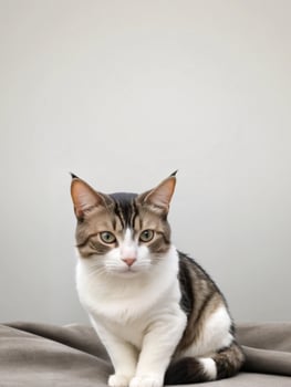 A cat sits against a plain background photo