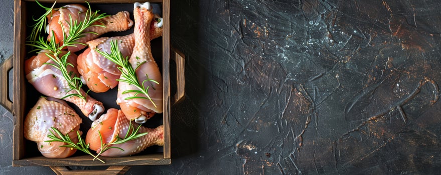 Box of frozen chicken drumsticks with a variety of marinades for easy grilling. photo