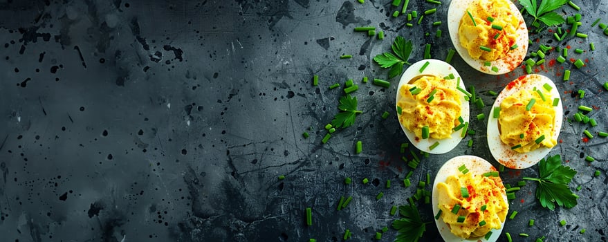 Classic deviled eggs topped with paprika and fresh chives. photo