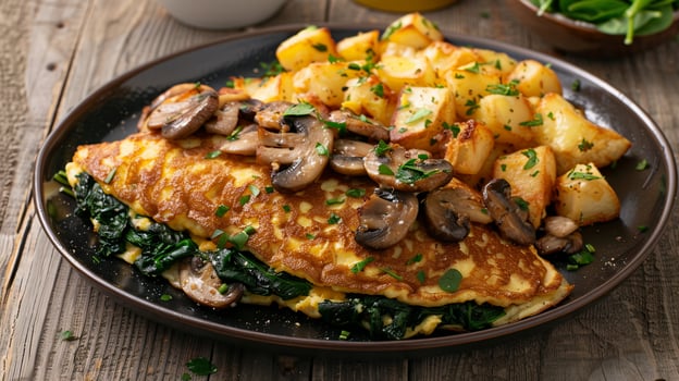 Omelette filled with sauteed mushrooms, spinach, and melted cheese, served with hash browns. photo