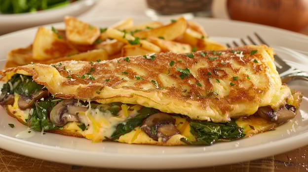 Omelette filled with sauteed mushrooms, spinach, and melted cheese, served with hash browns. photo
