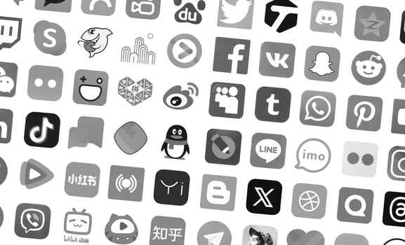 KYIV, UKRAINE - APRIL 1, 2024 Many icons of social media, messengers, sharing platforms photo