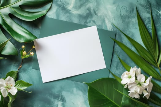 Blank greeting card with tropical foliage on green background photo