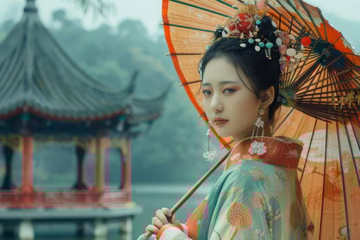 Traditional asian beauty with parasol by pagoda photo