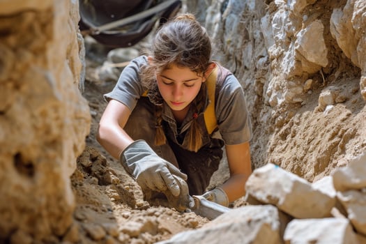 Young female archaeologist excavating ancient site . Generate Ai photo