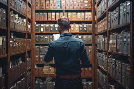 Archivist searching through library card catalog photo