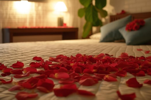 Romantic Bed covered with rose petals. Generate ai photo