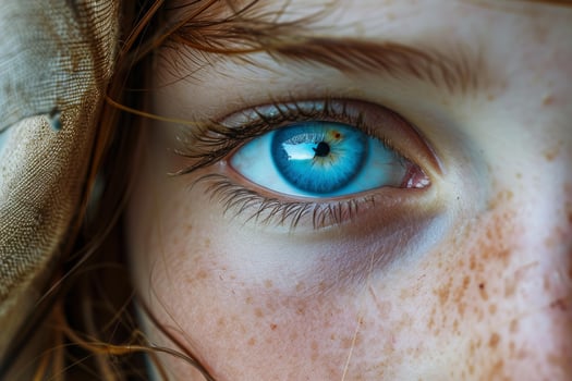 Close-up of a blue eye with freckles photo