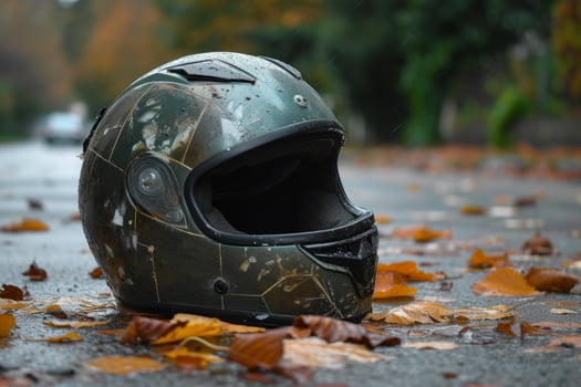 Wet motorcycle helmet on autumn road photo