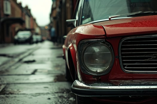 Classic red car on wet cobblestone street photo