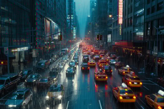 Rainy cityscape with glowing traffic lights at dusk photo