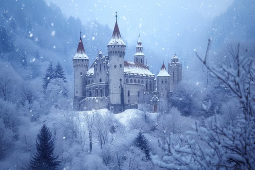 Enchanting castle in snowy winter landscape photo