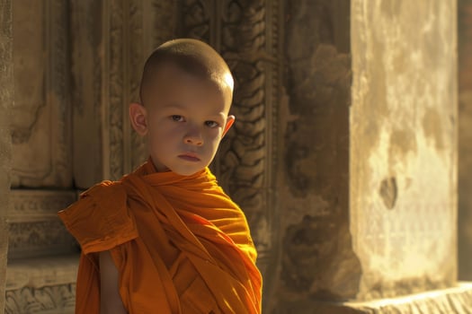 Young novice monk in temple light photo